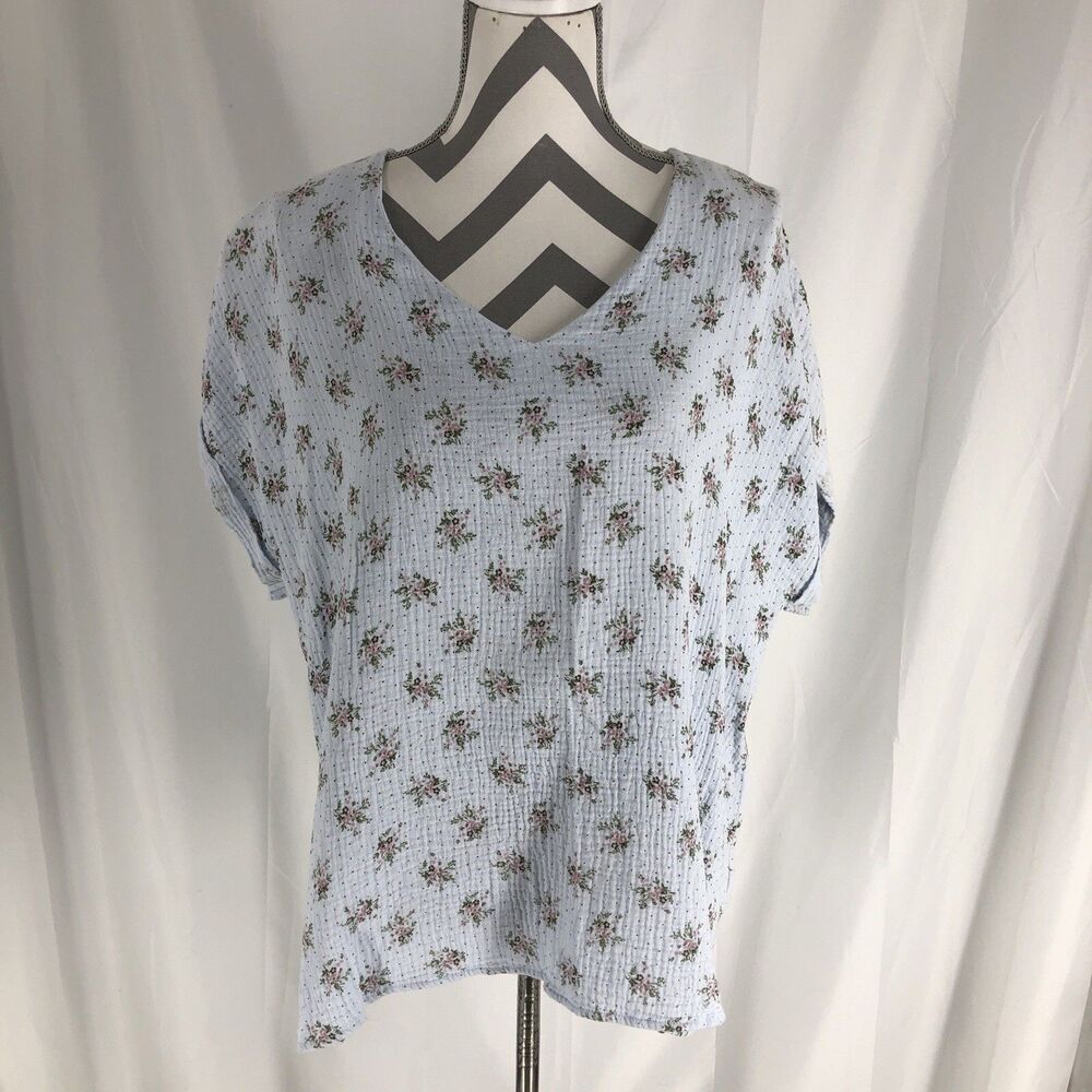 Cotton Bleu Neck Short Sleeve V Neck Blouse, Light Blue, Floral XL